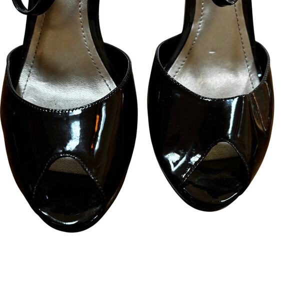 Ann Taylor dark brown/black patent leather platform high heel peep toe shoes 8M - Picture 10 of 11